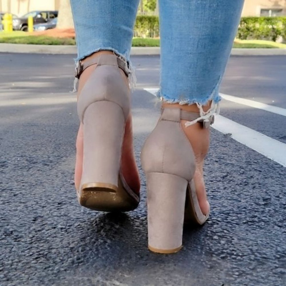 Grey Suede Ankle Strap Block Heel Dress Sandals - Picture 3 of 5